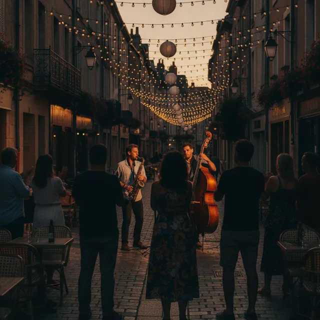 Musiciens de jazz jouant dans une rue décorée de guirlandes lumineuses un soir de fête de la musique