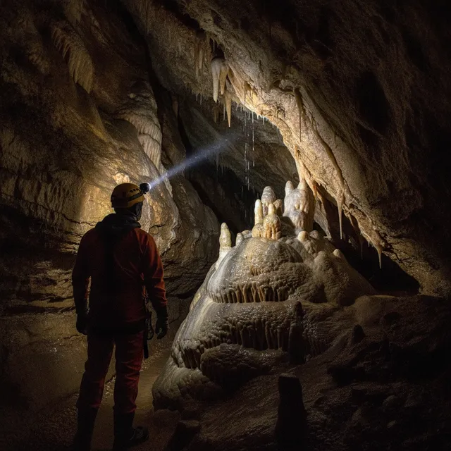 Un spéléologue casqué éclaire de sa frontale les concrétions d'une grotte calcaire