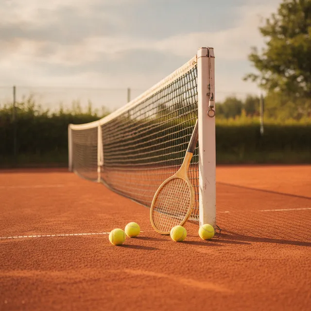 Court de tennis en terre battue ensoleillé avec une raquette et des balles jaunes près du filet