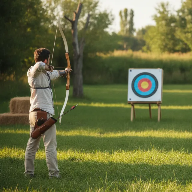 Un archer de dos tend un arc classique vers une cible coloree sur un pas de tir exterieur