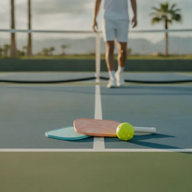 Deux raquettes de pickleball et une balle en plastique perforée jaune posées sur un terrain extérieur