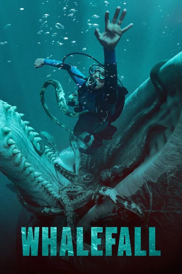 Affiche officielle du film Englouti (Whalefall) : un plongeur happe par un cachalot dans les profondeurs
