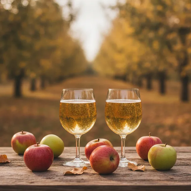 Deux verres de cidre doré pétillant posés sur une table en bois dans un verger de pommiers en automne