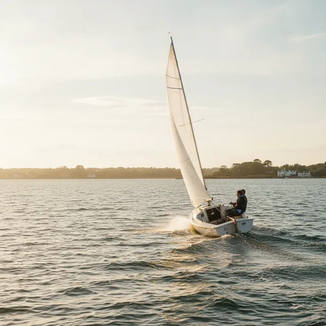 Un petit dériveur toutes voiles dehors glisse sur un plan d'eau ensoleillé en fin d'après-midi
