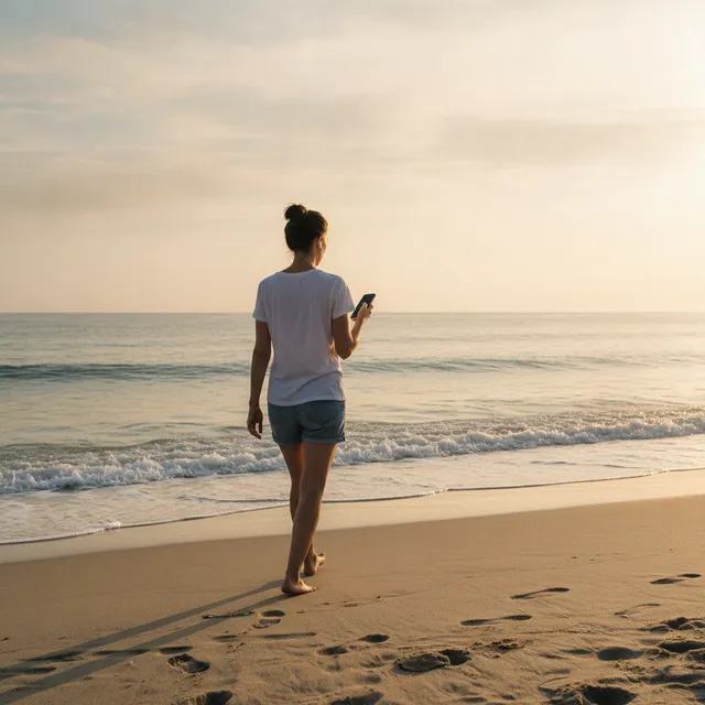 Une personne marche pieds nus au bord de la plage au petit matin en écoutant un podcast avec des écouteurs sans fil