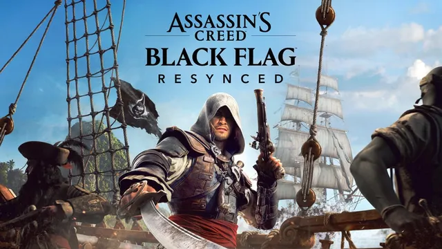 Key art officiel d'Assassin's Creed Black Flag Resynced : Edward Kenway, sabre et pistolet au poing, sur le pont d'un navire pirate sous les voiles