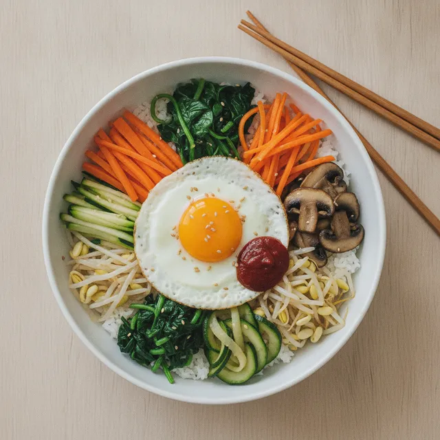 Un bol de bibimbap coréen vu de dessus : riz, tas de carottes, épinards, courgettes, champignons et germes de soja, œuf au plat coulant et sauce gochujang rouge au centre