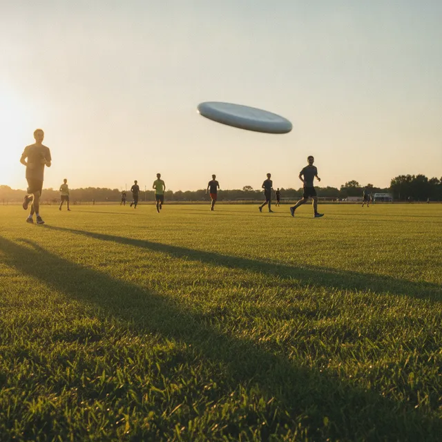 Joueurs d'ultimate frisbee sur un terrain en herbe au coucher du soleil, disque en plein vol