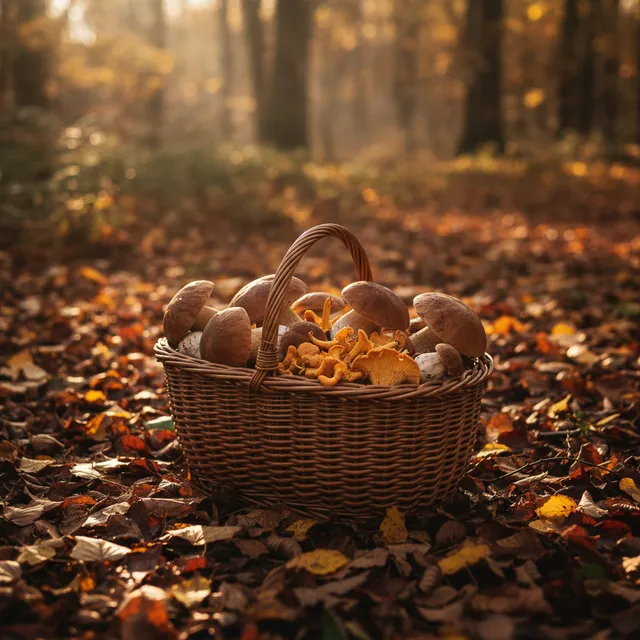 Panier en osier rempli de cepes et de girolles frais posé sur un tapis de feuilles mortes en sous-bois d'automne