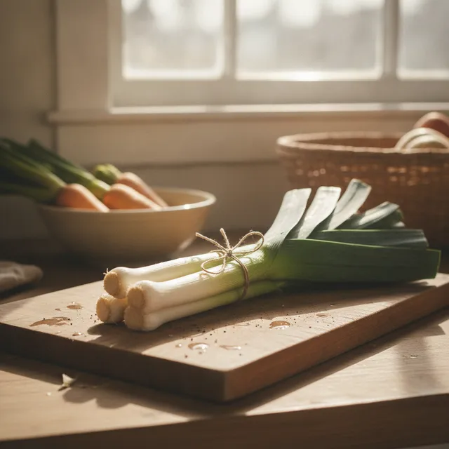 Une botte de poireaux frais posée sur une planche en bois, blancs fermes et verts dressés, dans une cuisine baignée de lumière naturelle