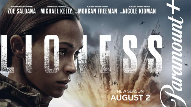 Key art de la saison 3 de Lioness avec Zoe Saldaña, sur fond d'explosion, Paramount+