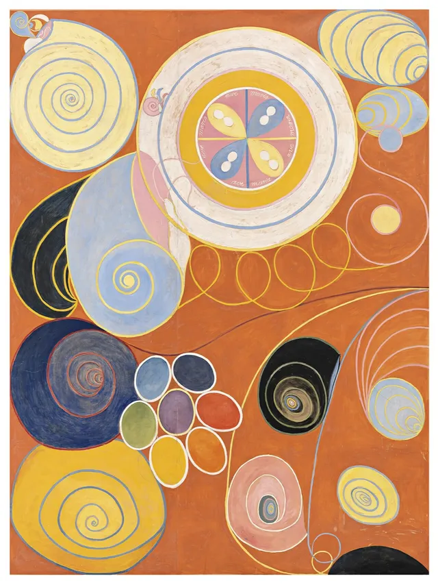 Les Dix Plus Grands, no 3, Jeunesse (1907) de Hilma af Klint : spirales et cercles colores sur fond orange