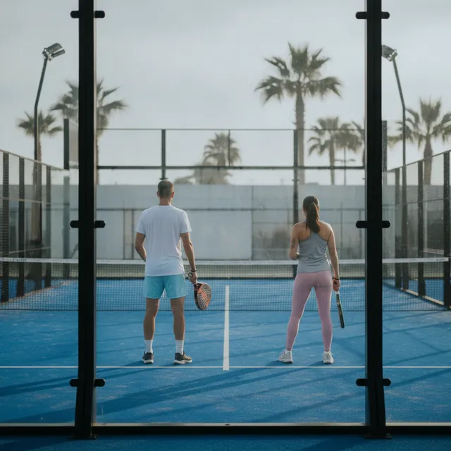 Deux joueurs sur un court de padel bleu en extérieur, raquettes en main, vus derrière la vitre