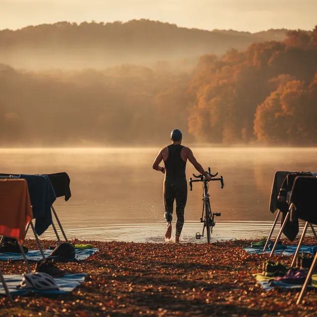 Triathlete en combinaison sortant d'un lac et courant vers sa zone de transition avec un velo, matin d'automne
