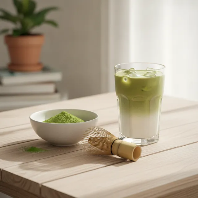 Bol de matcha en poudre vert jade, fouet en bambou chasen et verre de latte glacé au matcha sur une table en bois clair