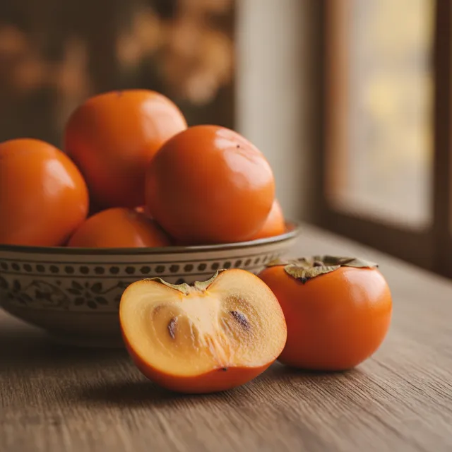 Des kakis oranges bien mûrs dans une coupe en céramique, l'un coupé en deux montrant sa chair juteuse