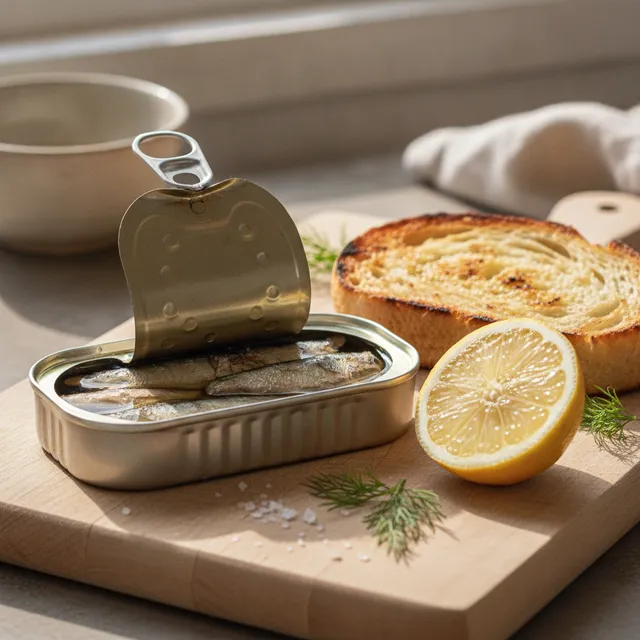 Boîte de conserve de sardines ouverte sur une planche en bois, avec une tartine de pain grillé et un demi-citron