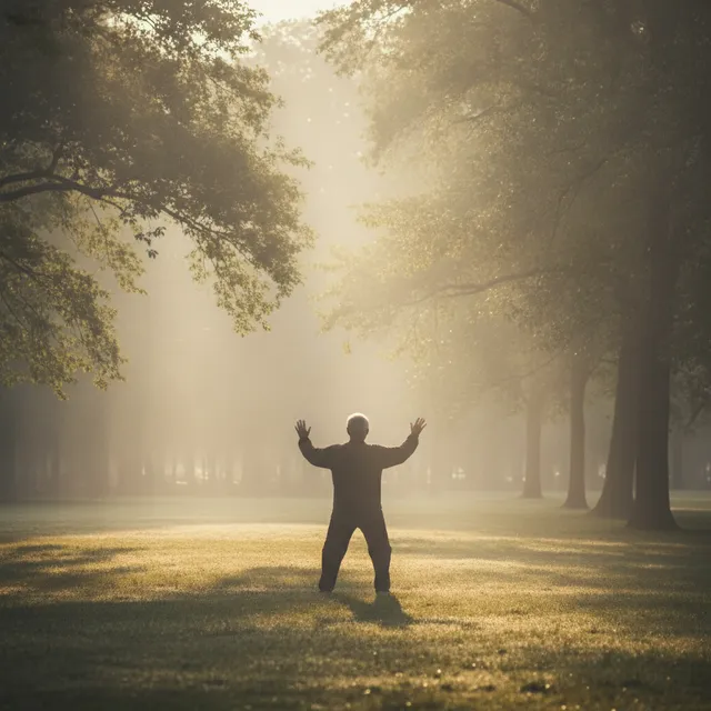 Une personne pratique le tai-chi de dos dans un parc brumeux au petit matin
