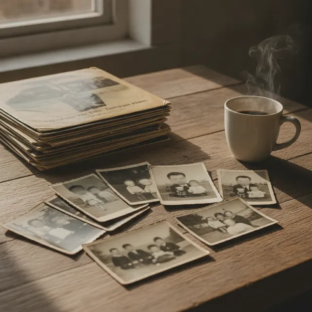 Vieilles photographies de famille en noir et blanc étalées sur une table en bois à côté d'une tasse de café fumant, lumière douce