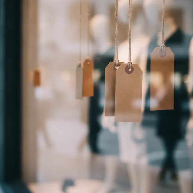 Étiquettes de prix vierges suspendues devant une vitrine de magasin