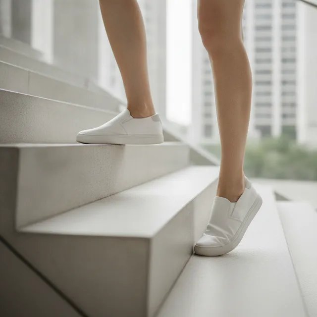 Jambes en baskets blanches gravissant un escalier clair en ville, illustrant le mouvement du quotidien