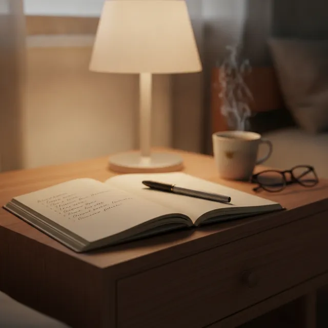 Un carnet ouvert avec une liste manuscrite et un stylo, sur une table de chevet le soir, lampe allumee