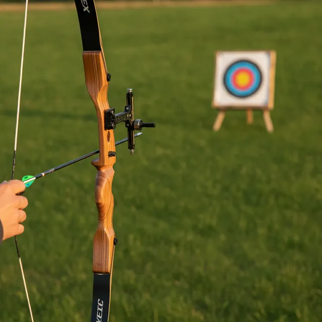 Arc classique tendu vers une cible colorée sur un terrain d'herbe