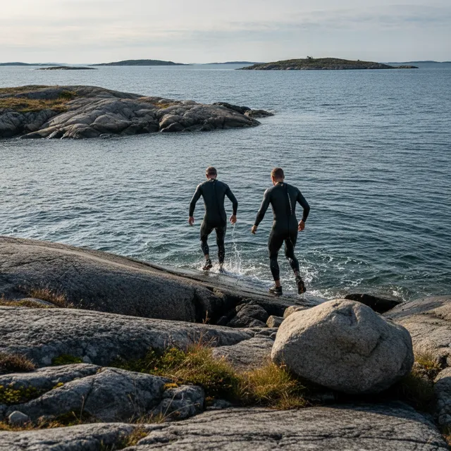 Deux athlètes en combinaison néoprène sortant de l'eau sur une côte rocheuse d'archipel lors d'un swimrun