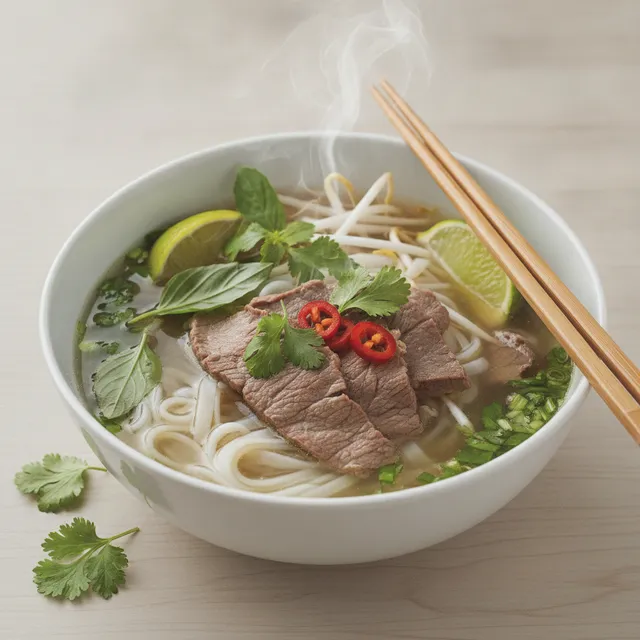Bol fumant de phở vietnamien avec bouillon de bœuf, nouilles de riz, lamelles de bœuf, coriandre, basilic thaï, germes de soja, citron vert et piment
