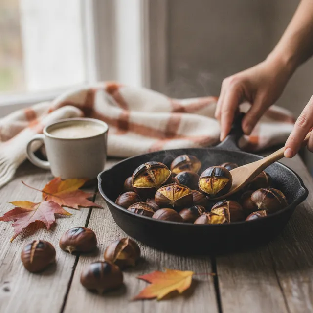 Châtaignes grillées et fendues dans une poêle en fonte, sur une table en bois avec des feuilles d'automne