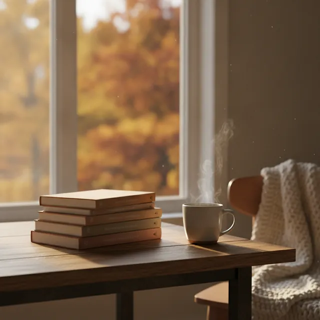 Pile de romans posée sur une table en bois près d'une fenêtre d'automne, avec une tasse de thé