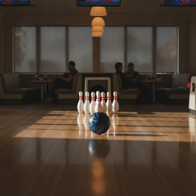 Piste de bowling avec dix quilles blanches à bandes rouges en triangle et une boule bleue qui roule