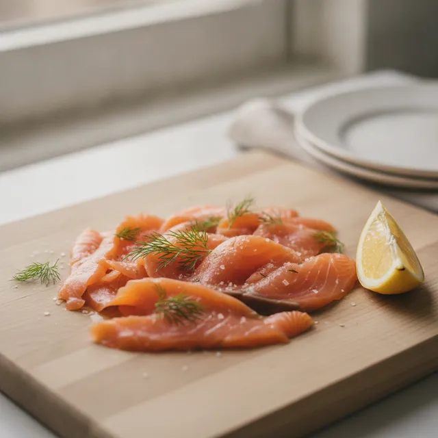 Fines tranches de saumon gravlax mariné à l'aneth et au gros sel, sur une planche en bois avec un quartier de citron