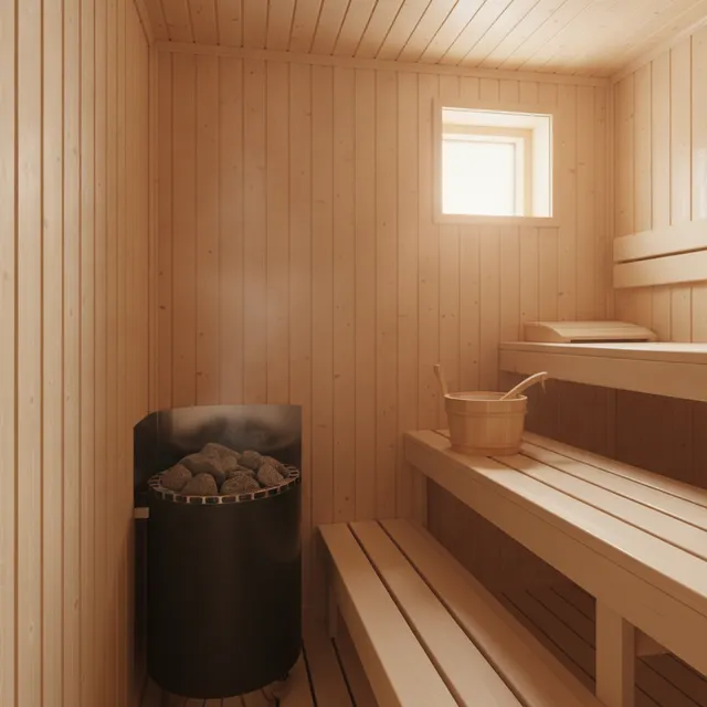 Intérieur d'un sauna finlandais en bois clair avec poêle à pierres chaudes, seau et louche