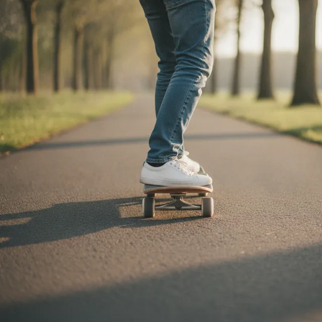 Un adulte roule sur un skateboard sur une allée bitumée, jambes en jean et baskets plates