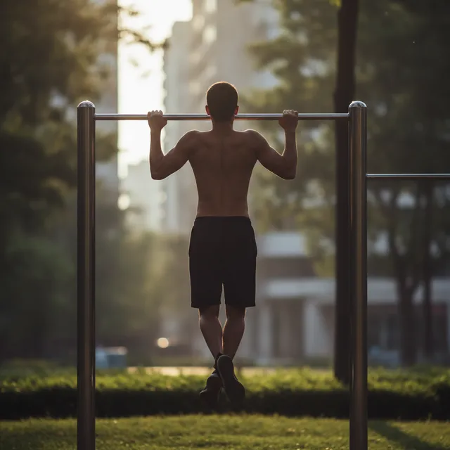 Personne de dos réalisant une traction sur une barre fixe dans un parc urbain au lever du soleil