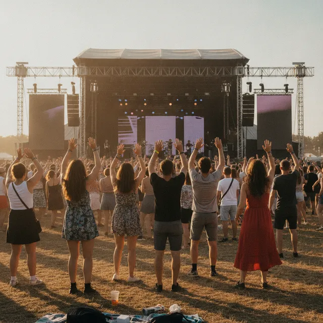 Foule de festivaliers de dos, mains levées devant une grande scène de festival en plein air dans la lumière dorée du soir