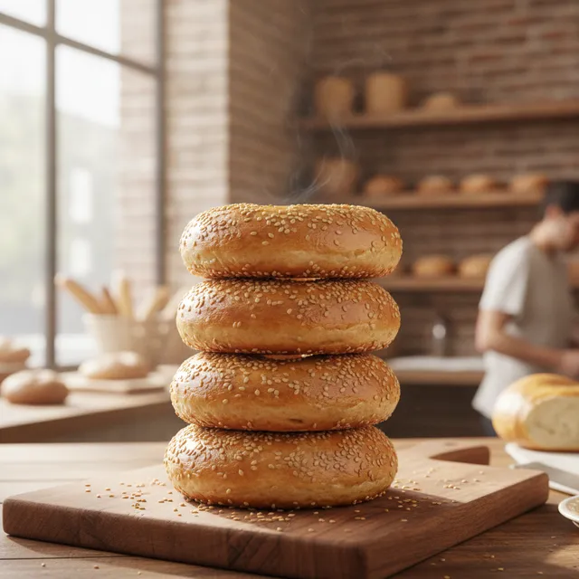 Pile de bagels dores aux graines de sesame sur une planche en bois dans une boulangerie