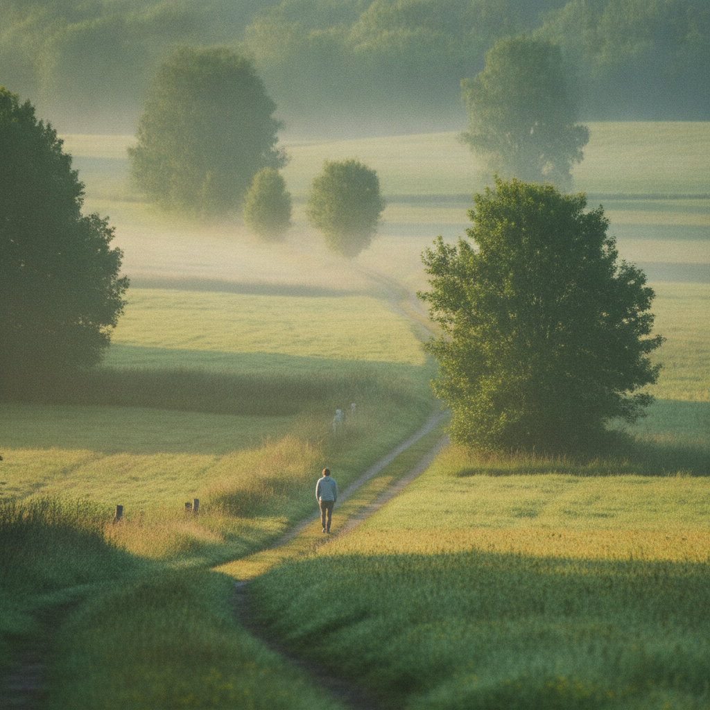Une personne de dos marche seule sur un chemin de campagne dans la brume du matin