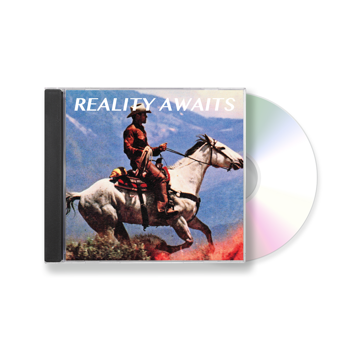 Pochette de l'album Reality Awaits des Strokes : un cavalier lance son cheval blanc au galop devant un paysage de montagnes