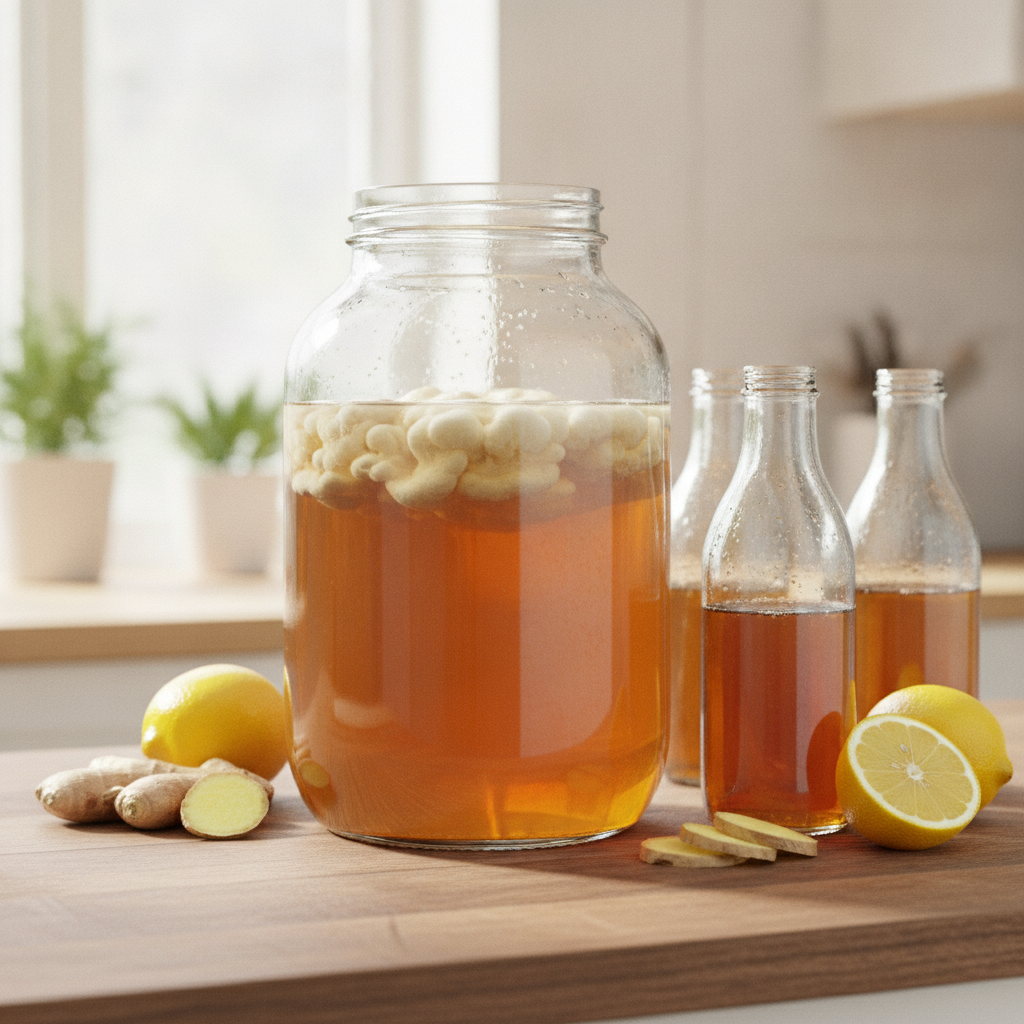 Grand bocal en verre de kombucha en fermentation avec un SCOBY a la surface, bouteilles de the fermente, gingembre et citron sur un plan de travail