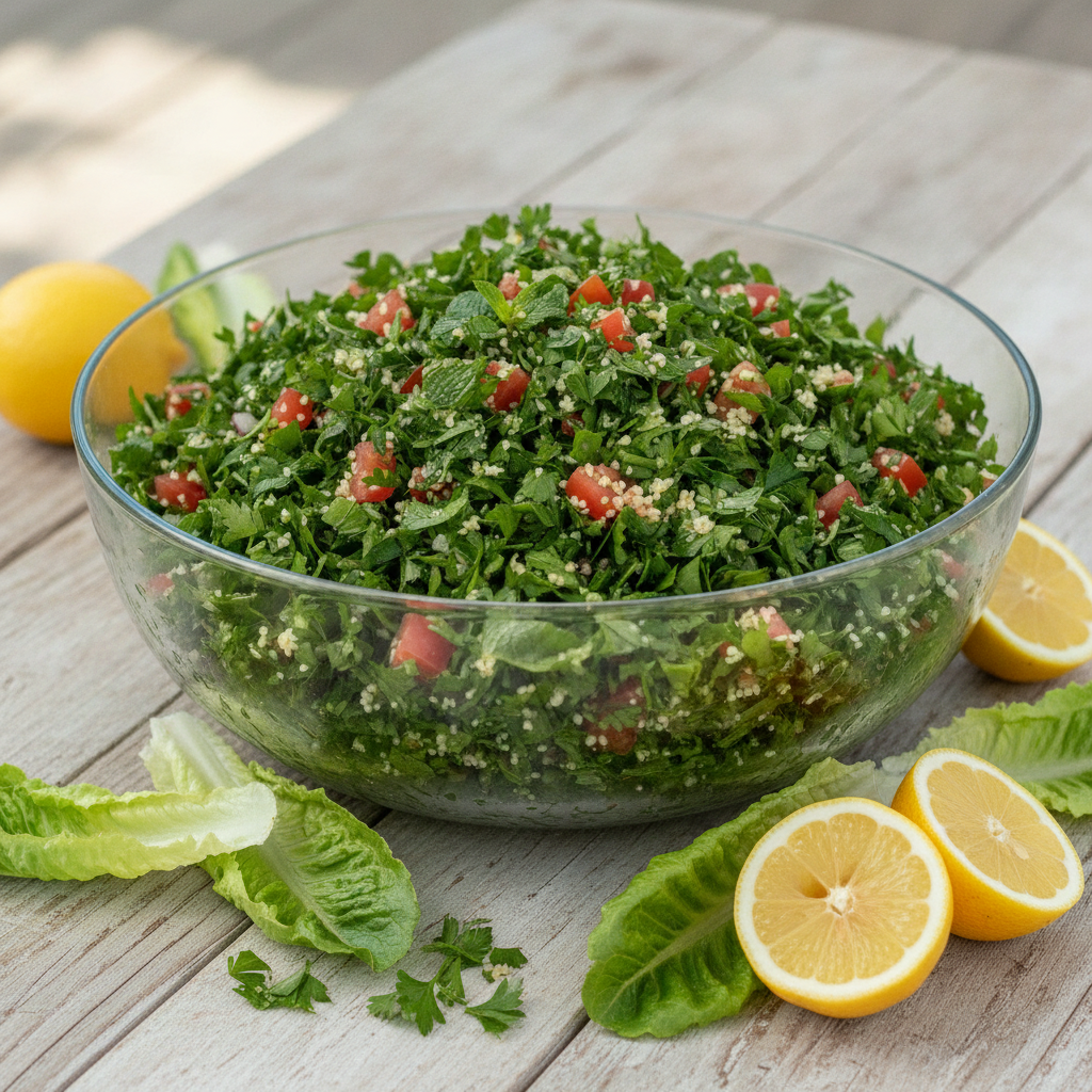 Saladier de taboulé libanais dominé par le persil plat, avec dés de tomate, citrons et feuilles de laitue sur une table d'été