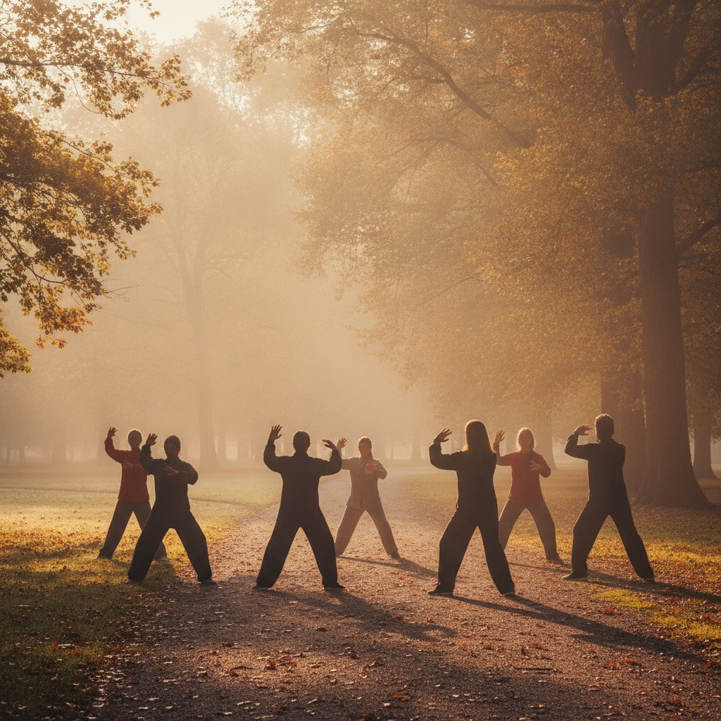Groupe pratiquant le tai-chi dans un parc au petit matin d'automne, silhouettes en mouvements lents dans la brume