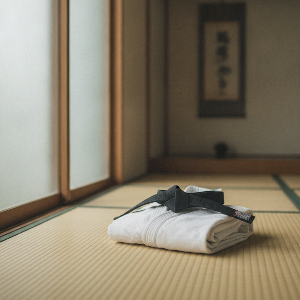 Un judogi blanc plie avec une ceinture noire posee dessus sur un tatami de dojo