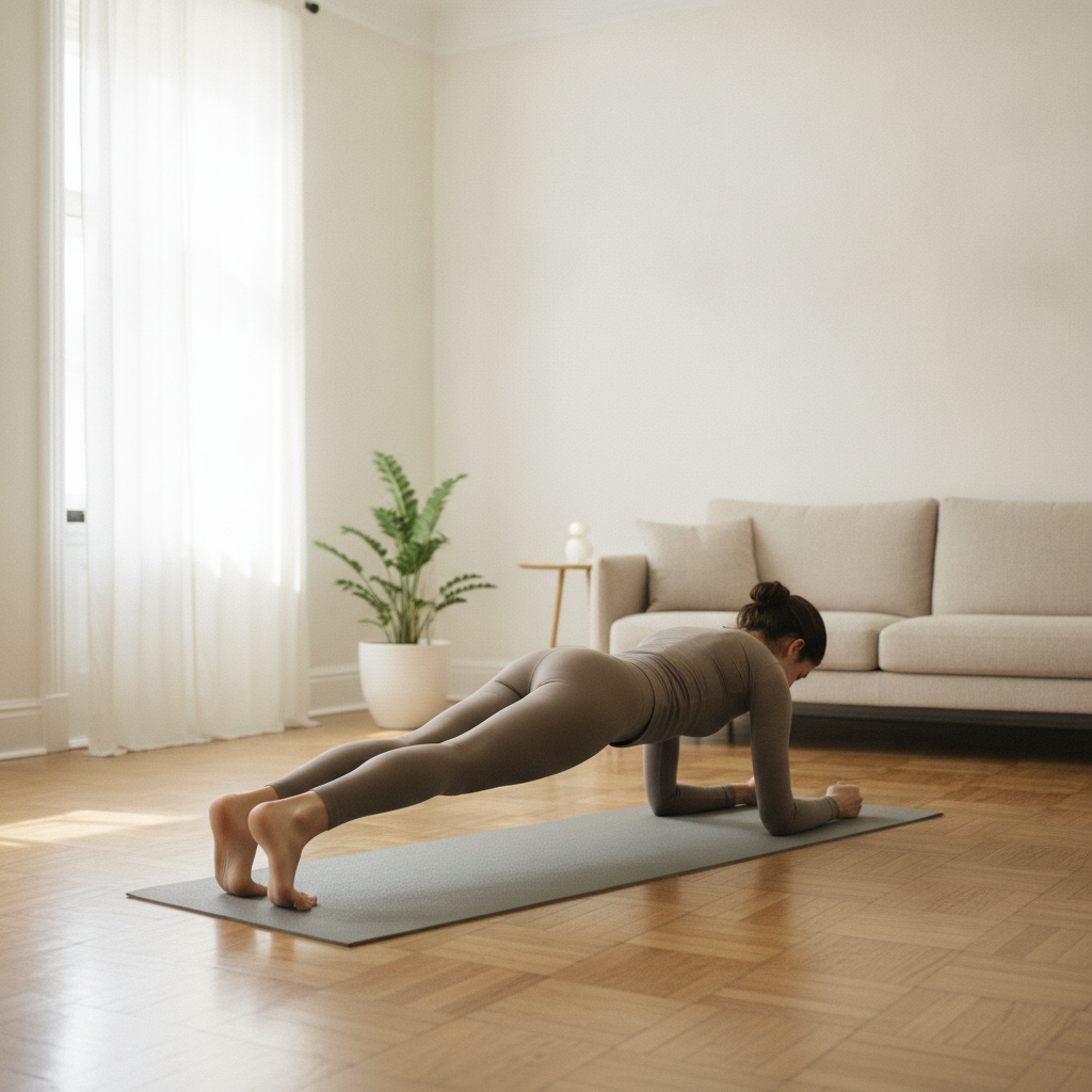 Une personne en position de gainage sur un tapis de sol dans un salon lumineux