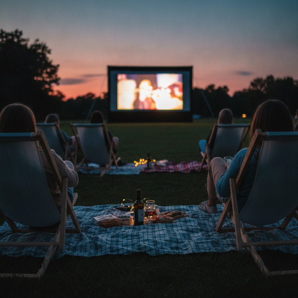 Séance de cinéma en plein air le soir dans un parc, écran lumineux et transats sur l'herbe