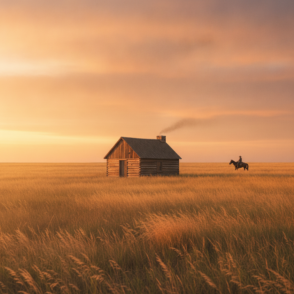 Une cabane en bois isolee au milieu d'une prairie d'herbes hautes doree au coucher du soleil
