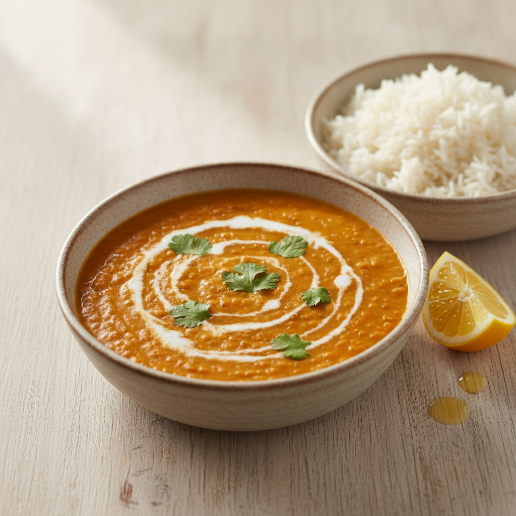 Bol de dahl de lentilles corail crémeux, coriandre, riz basmati et quartier de citron
