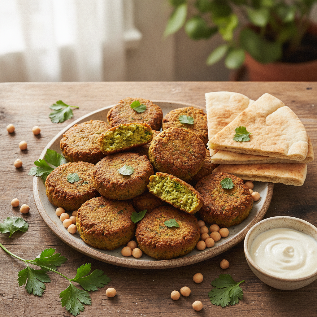 Assiette de falafels dorés et croustillants coupés en deux, pita et sauce blanche