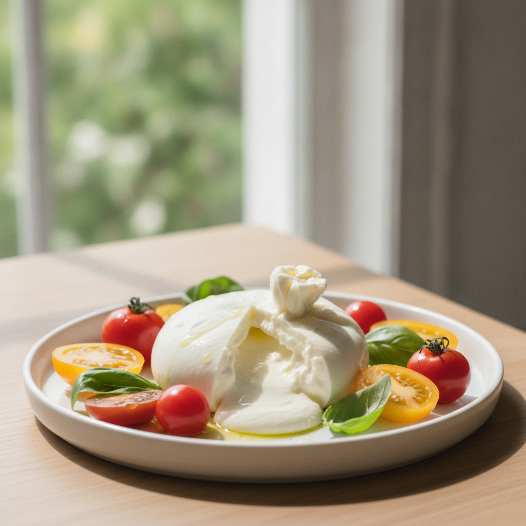 Une burrata crémeuse ouverte sur une assiette blanche, entourée de tomates mûres et de basilic